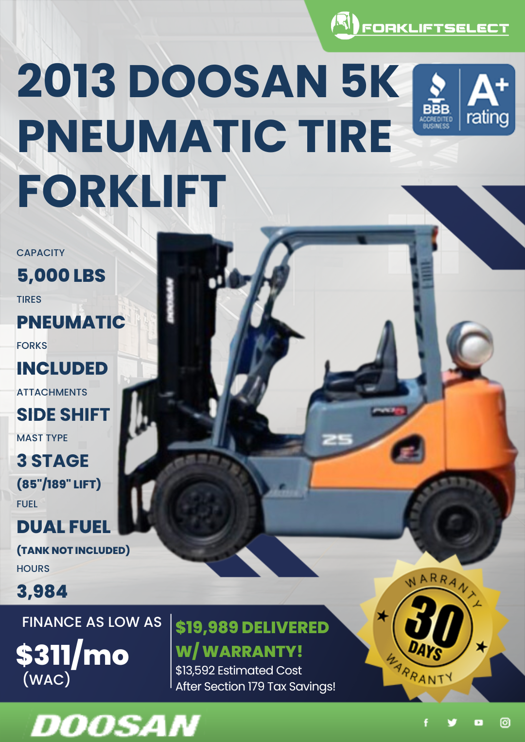 2013 DOOSAN 5K PNEUMATIC TIRE FORKLIFT