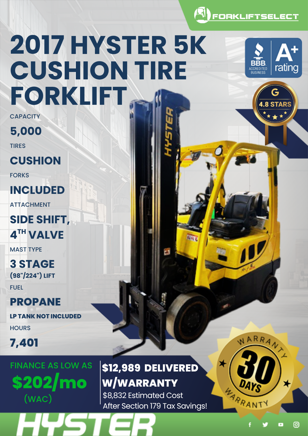 2017 HYSTER 5K CUSHION TIRE FORKLIFT