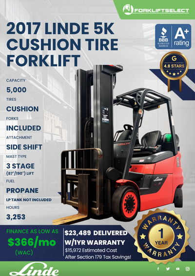 2017 LINDE 5K CUSHION TIRE FORKLIFT