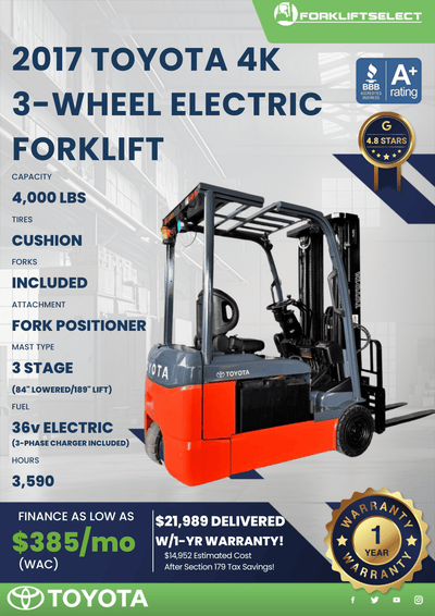 2017 TOYOTA 4K 3-WHEEL ELECTRIC FORKLIFT