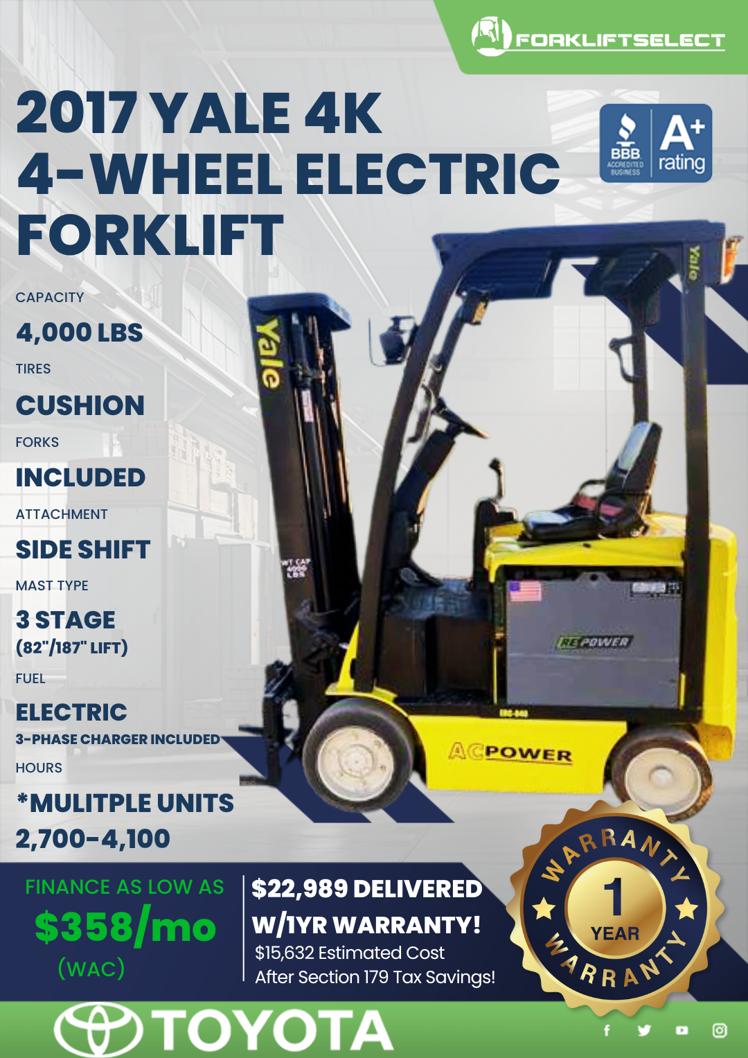 2017 YALE 4K 4- WHEEL ELECTRIC FORKLIFT