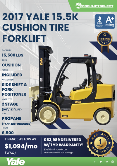 2017 YALE 15.5K CUSHION TIRE FORKLIFT