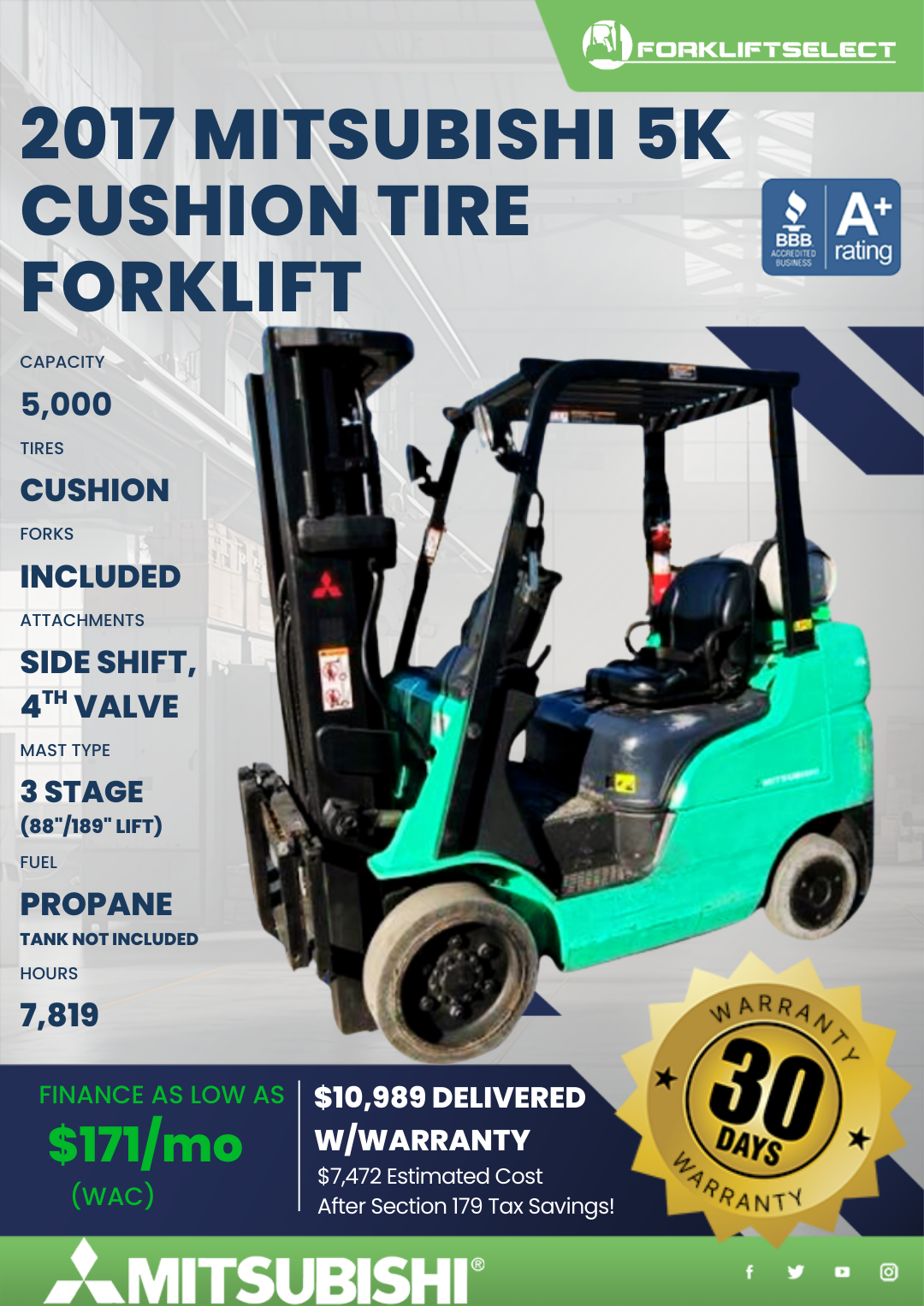 2017 MITSUBISHI 5K CUSHION TIRE FORKLIFT