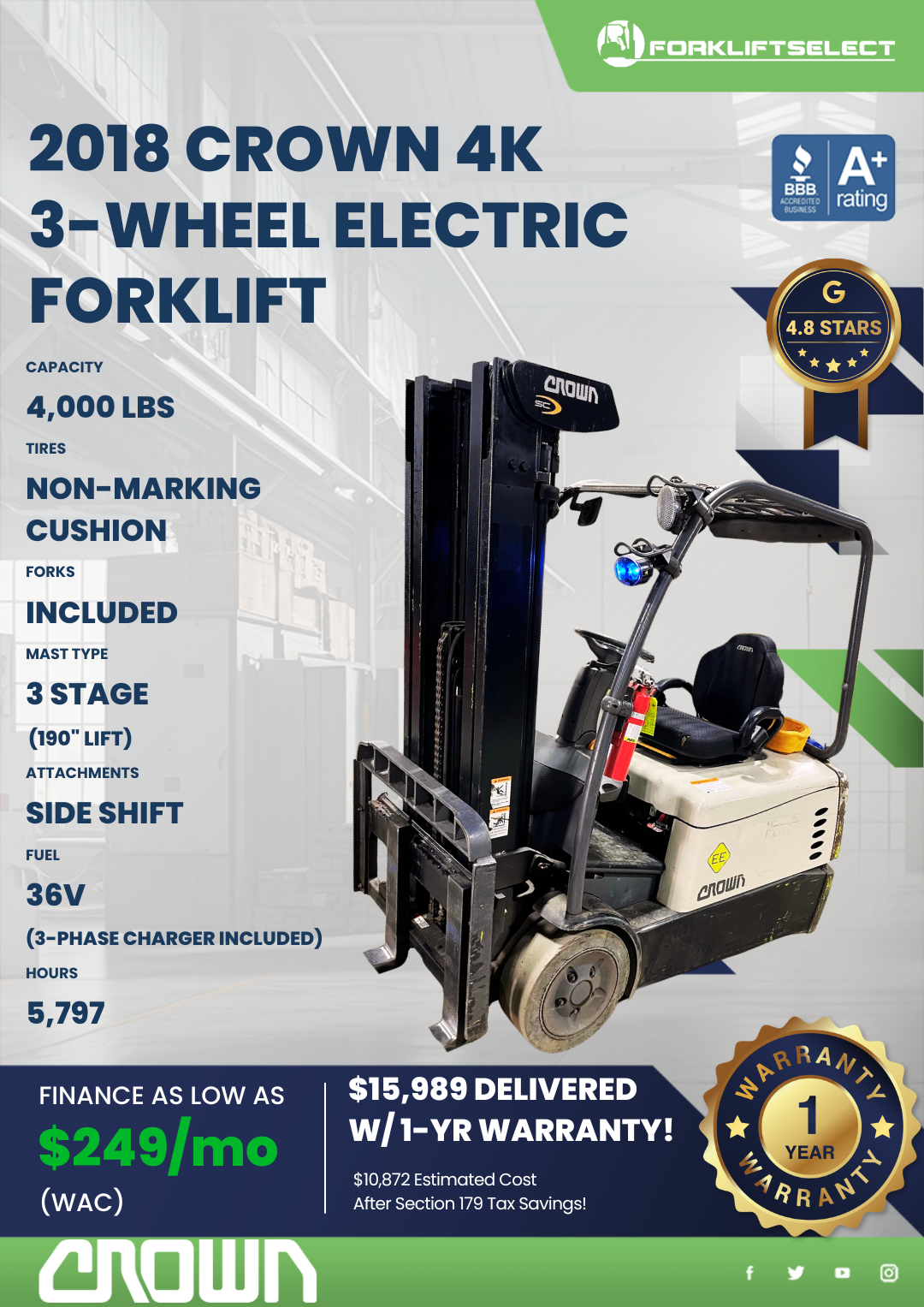 2018 CROWN 4K 3-WHEEL ELECTRIC FORKLIFT