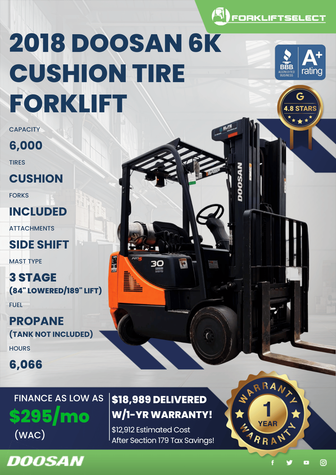 2018 DOOSAN 6K CUSHION TIRE FORKLIFT