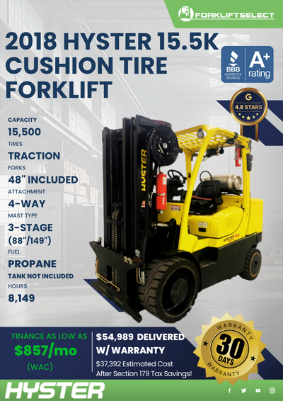 2018 HYSTER 15.5K CUSHION TIRE FORKLIFT