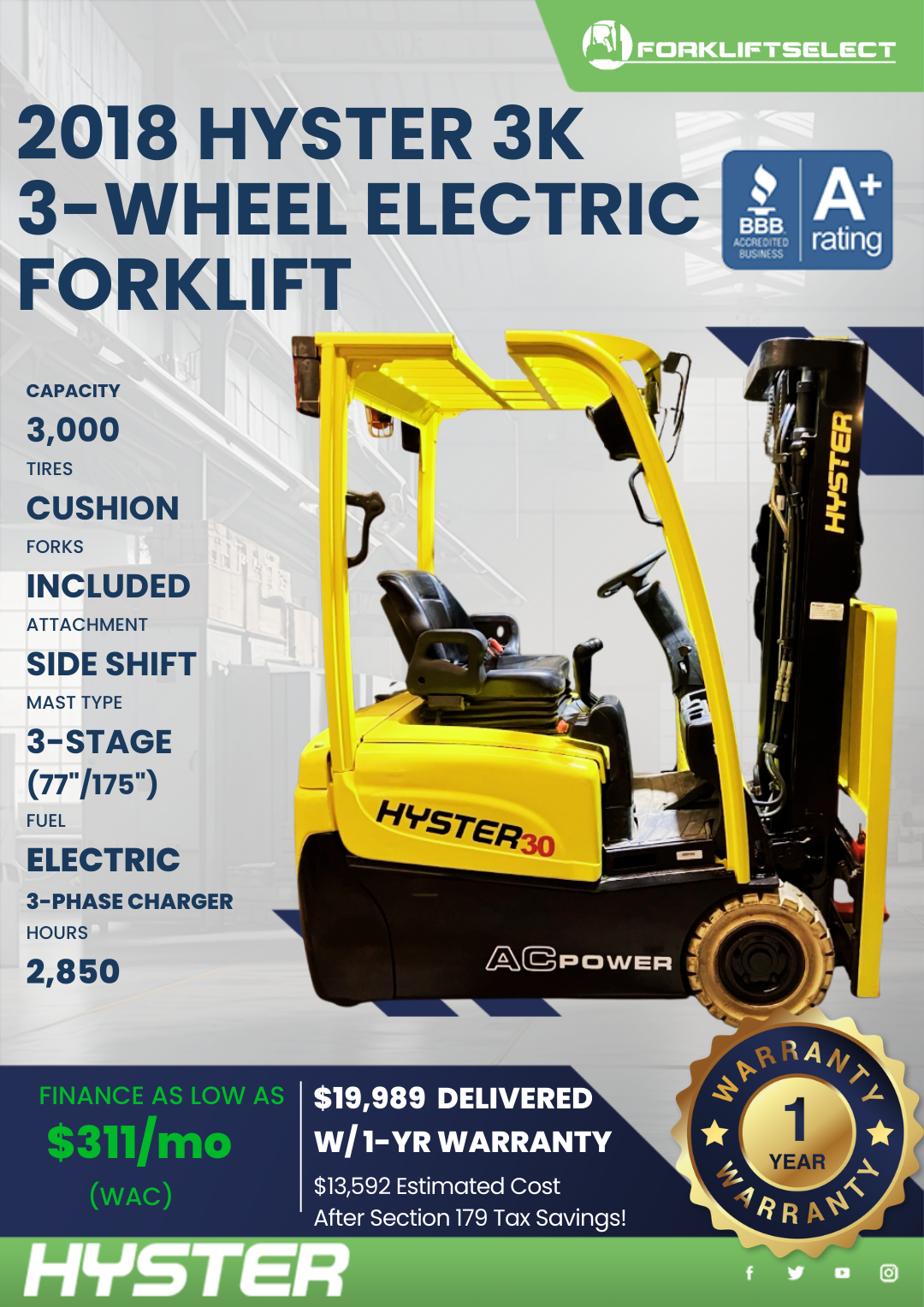 2018 HYSTER 3K 3-WHEEL ELECTRIC FORKLIFT