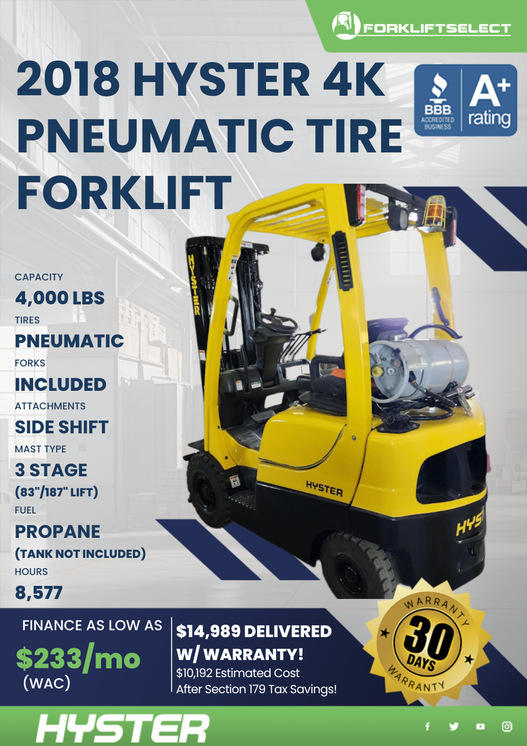2018 HYSTER 4K PNEUMATIC TIRE FORKLIFT
