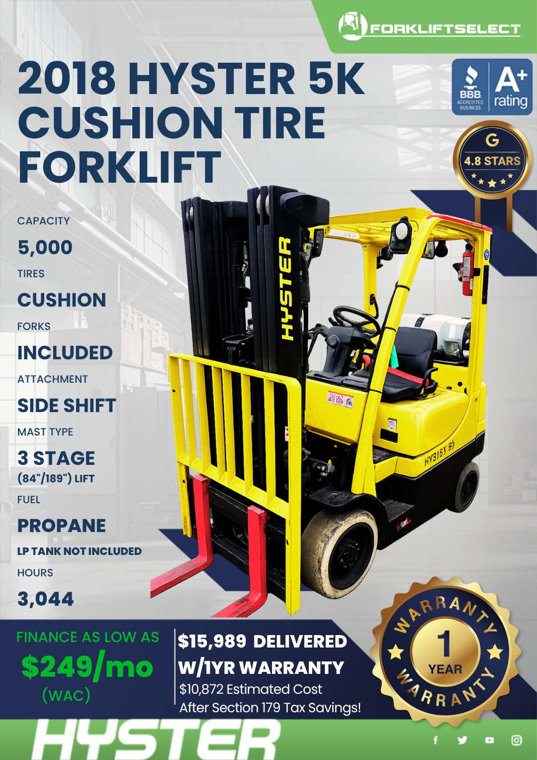 2018 HYSTER 5K CUSHION TIRE FORKLIFT