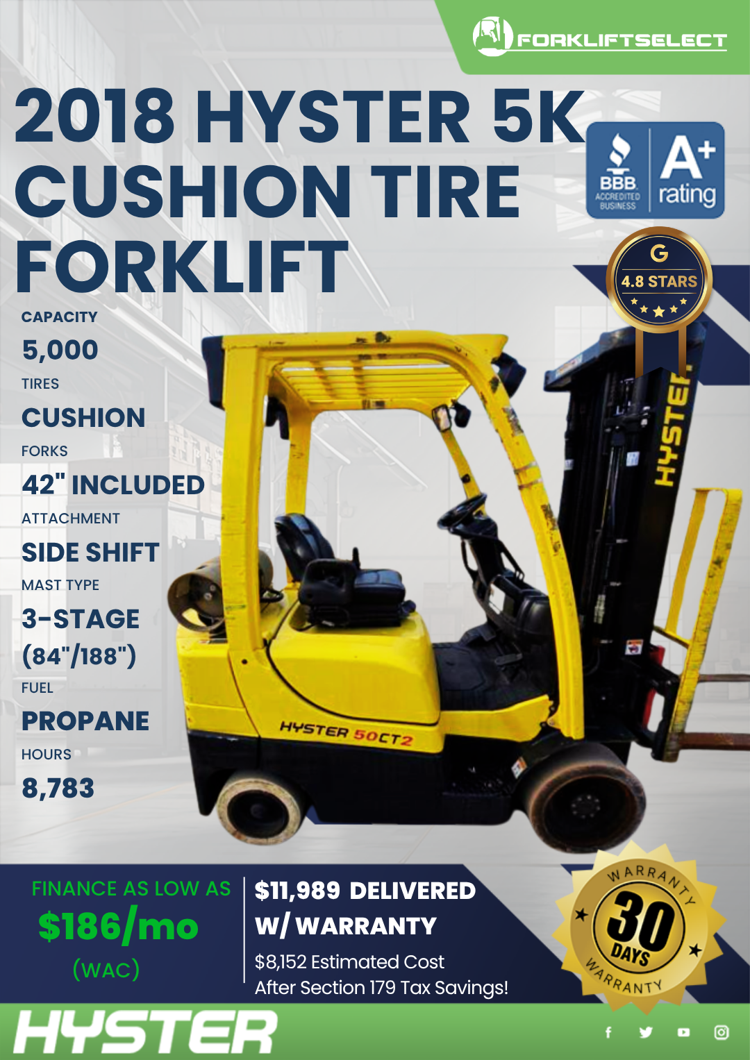 2018 HYSTER 5K CUSHION TIRE FORKLIFT