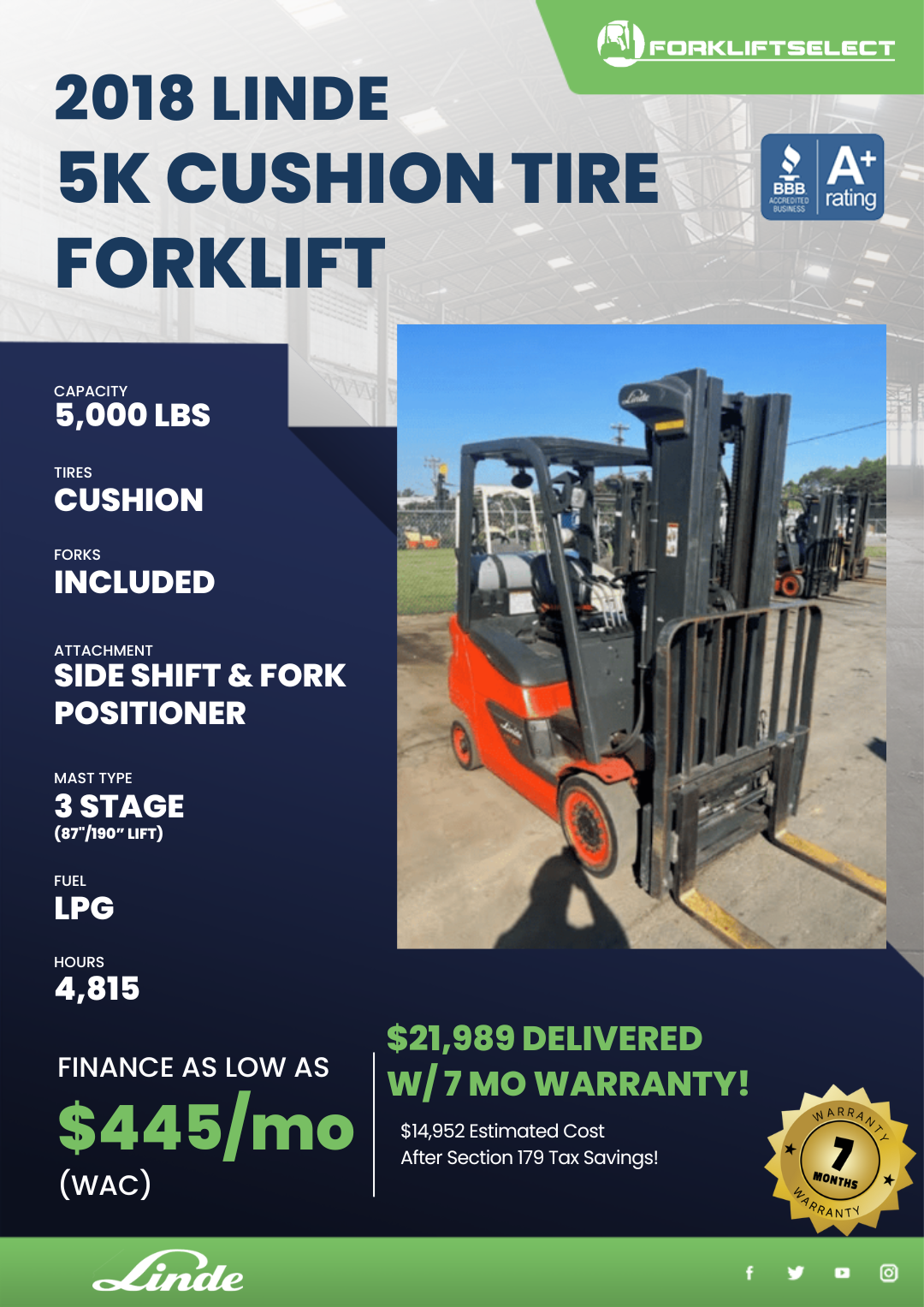 2018 Linde 5k Cushion Tire Forklift