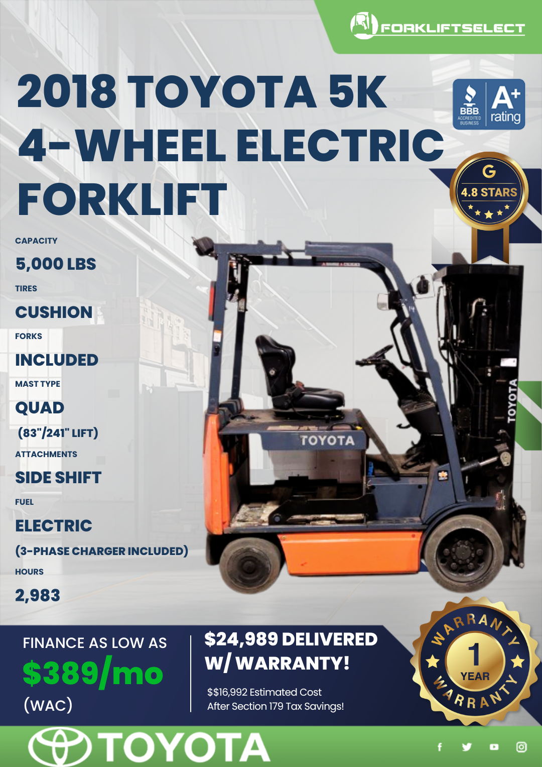 2018 TOYOTA 5K 4- WHEEL ELECTRIC FORKLIFT