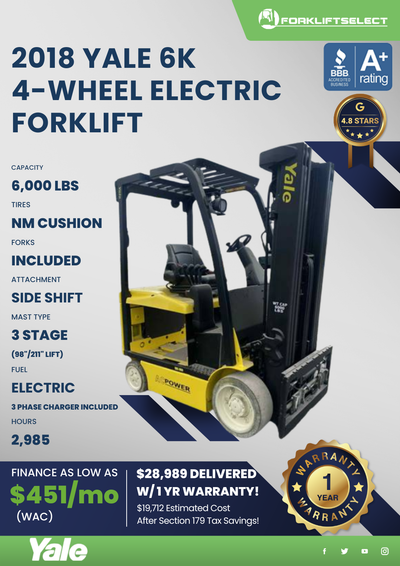 2018 YALE 6K 4- WHEEL ELECTRIC FORKLIFT