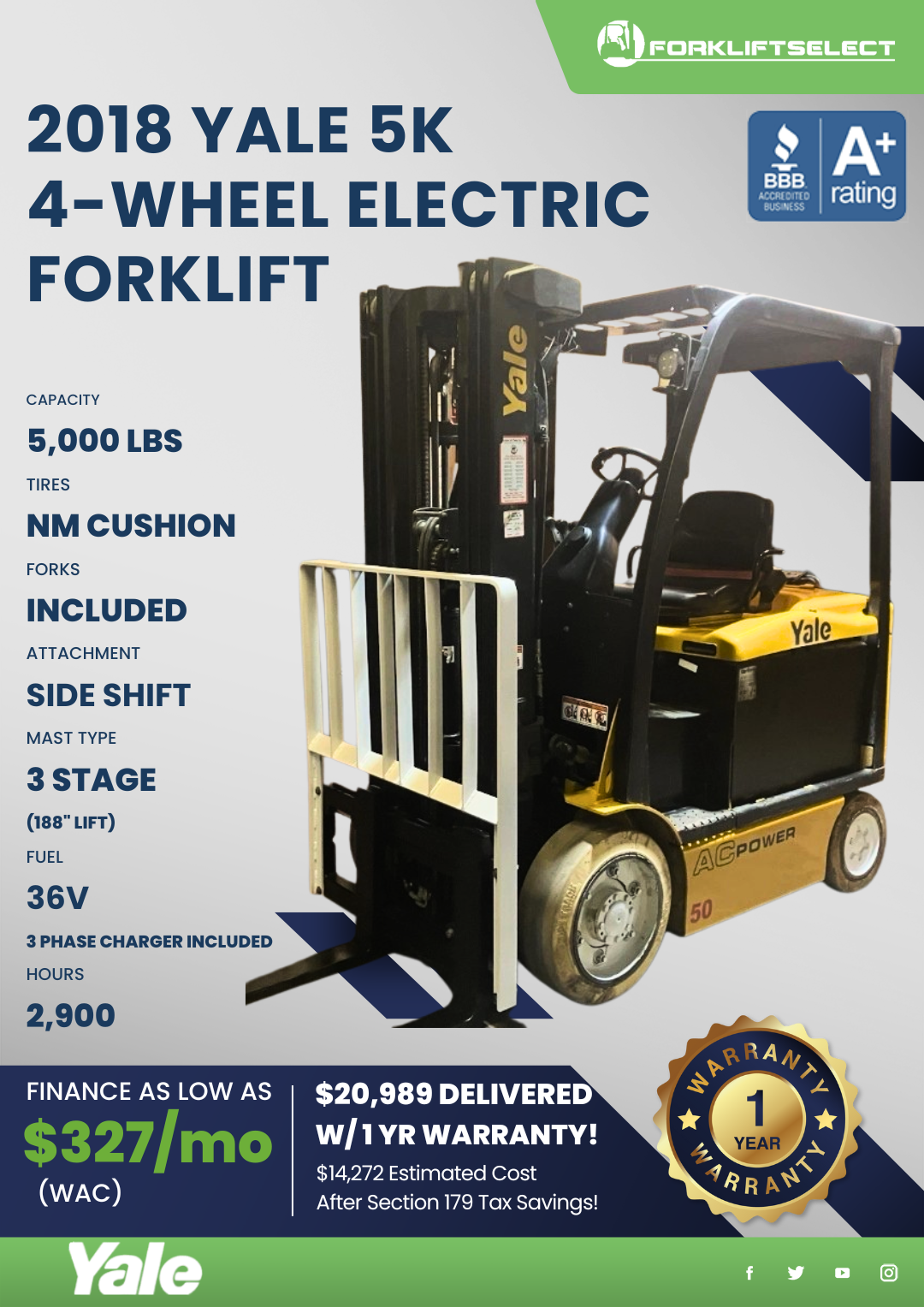 2018 YALE 5K 4- WHEEL ELECTRIC FORKLIFT