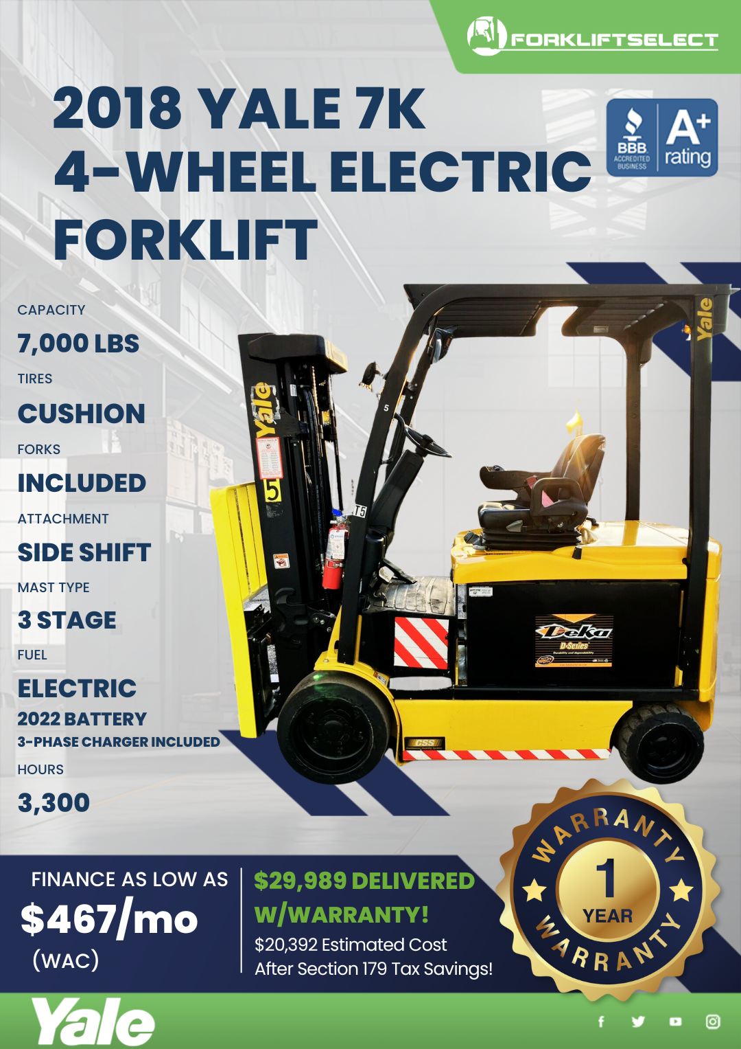 2018 YALE 7K 4- WHEEL ELECTRIC FORKLIFT
