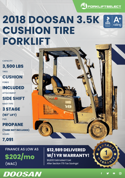 2018 DOOSAN 3.5K CUSHION TIRE FORKLIFT