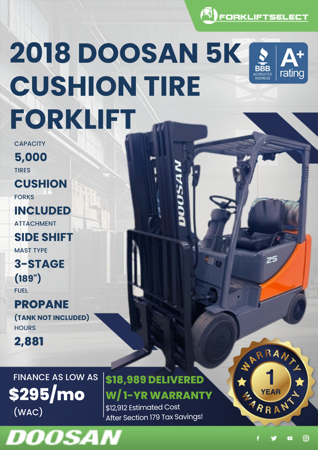 2018 DOOSAN 5K CUSHION TIRE FORKLIFT