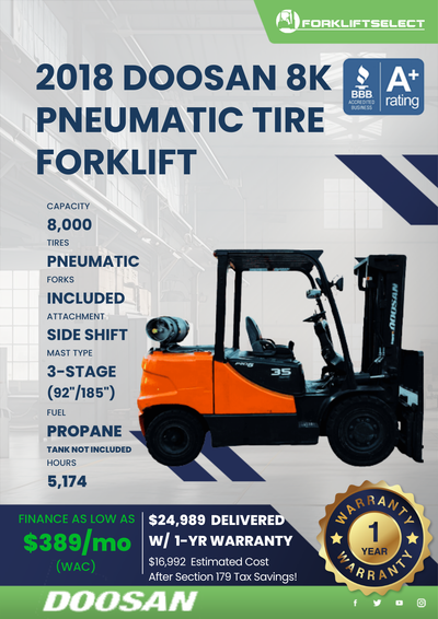 2018 DOOSAN 8K PNEUMATIC TIRE FORKLIFT