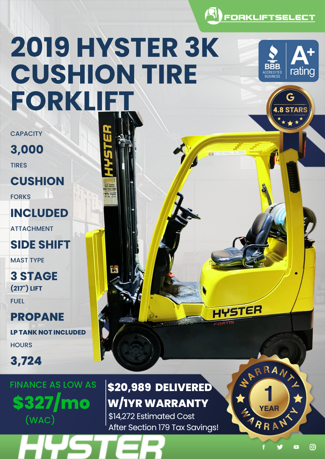 2019 HYSTER 3K CUSHION TIRE FORKLIFT