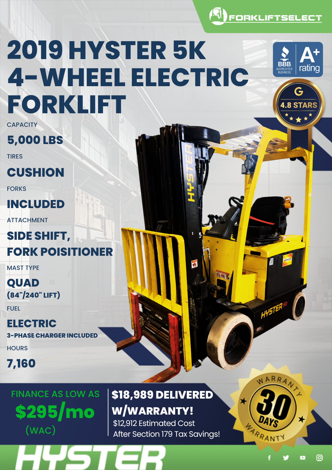 2019 HYSTER 5K 4- WHEEL ELECTRIC FORKLIFT