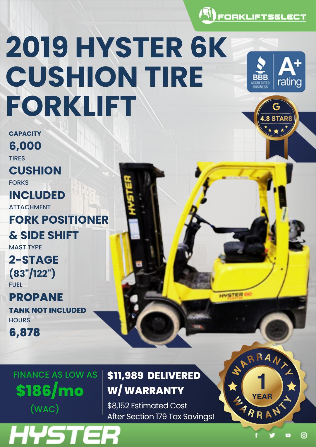 2019 HYSTER 6K CUSHION TIRE FORKLIFT