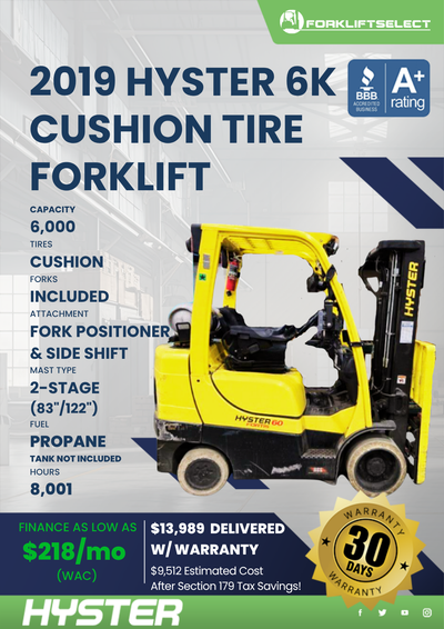 2019 HYSTER 6K CUSHION TIRE FORKLIFT