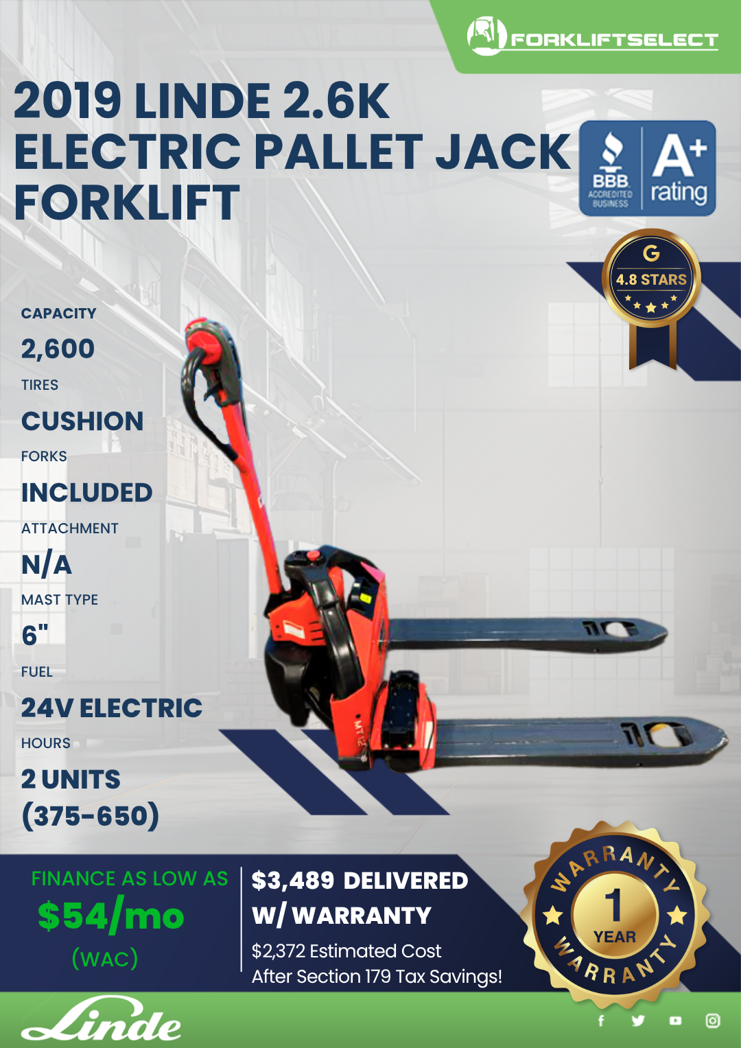 2019 LINDE 2.6K ELECTRIC PALLET JACK FORKLIFT
