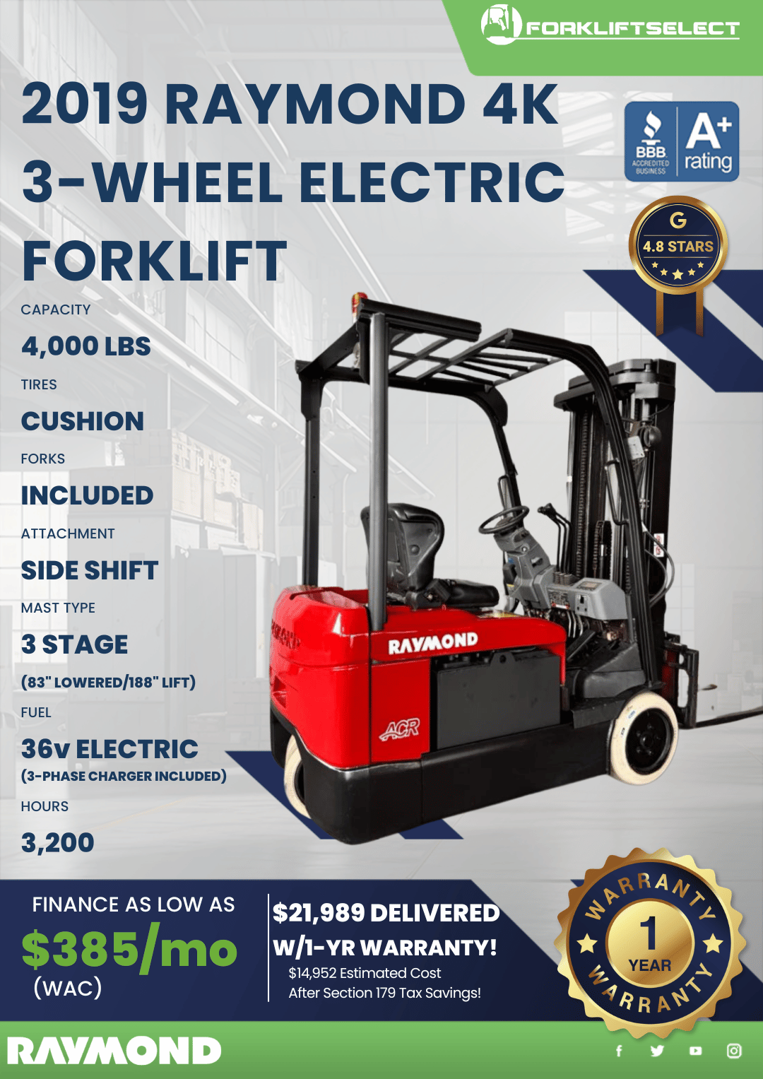 2019 RAYMOND 4K 3-WHEEL ELECTRIC FORKLIFT