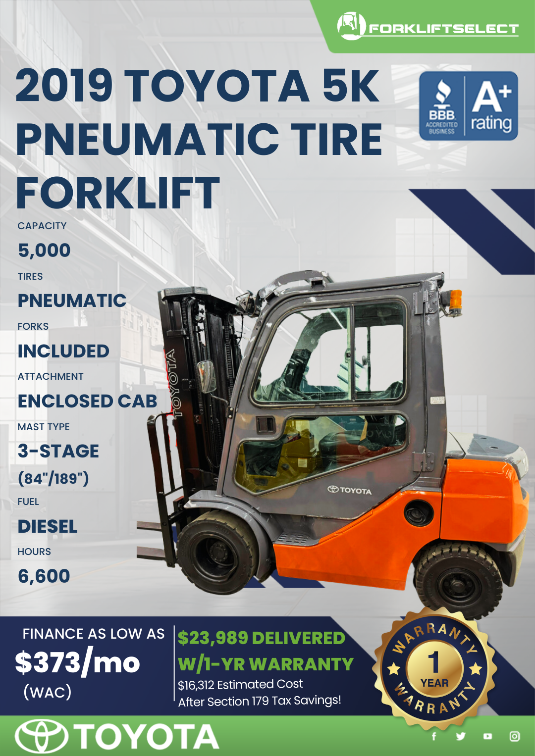 2019 TOYOTA 5K PNEUMATIC TIRE FORKLIFT