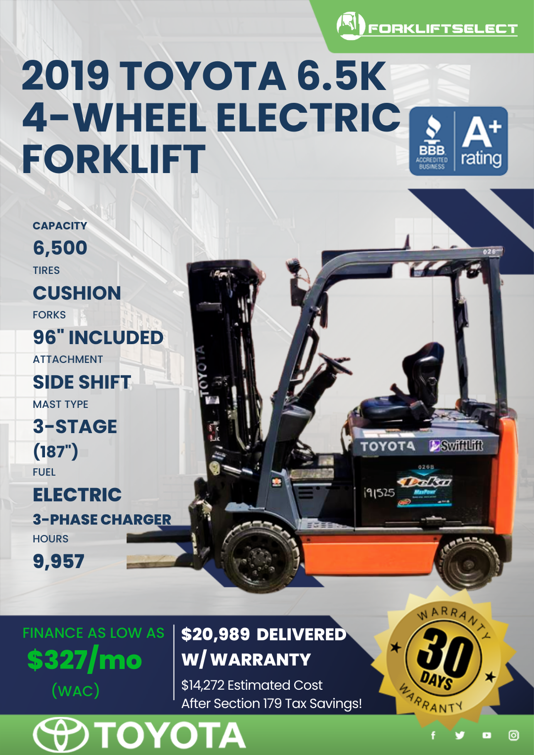 2019 TOYOTA 6.5K 4- WHEEL ELECTRIC FORKLIFT