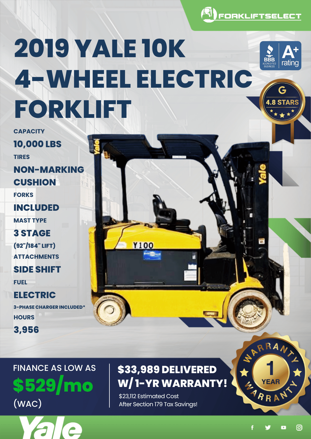 2019 YALE 10K 4- WHEEL ELECTRIC FORKLIFT