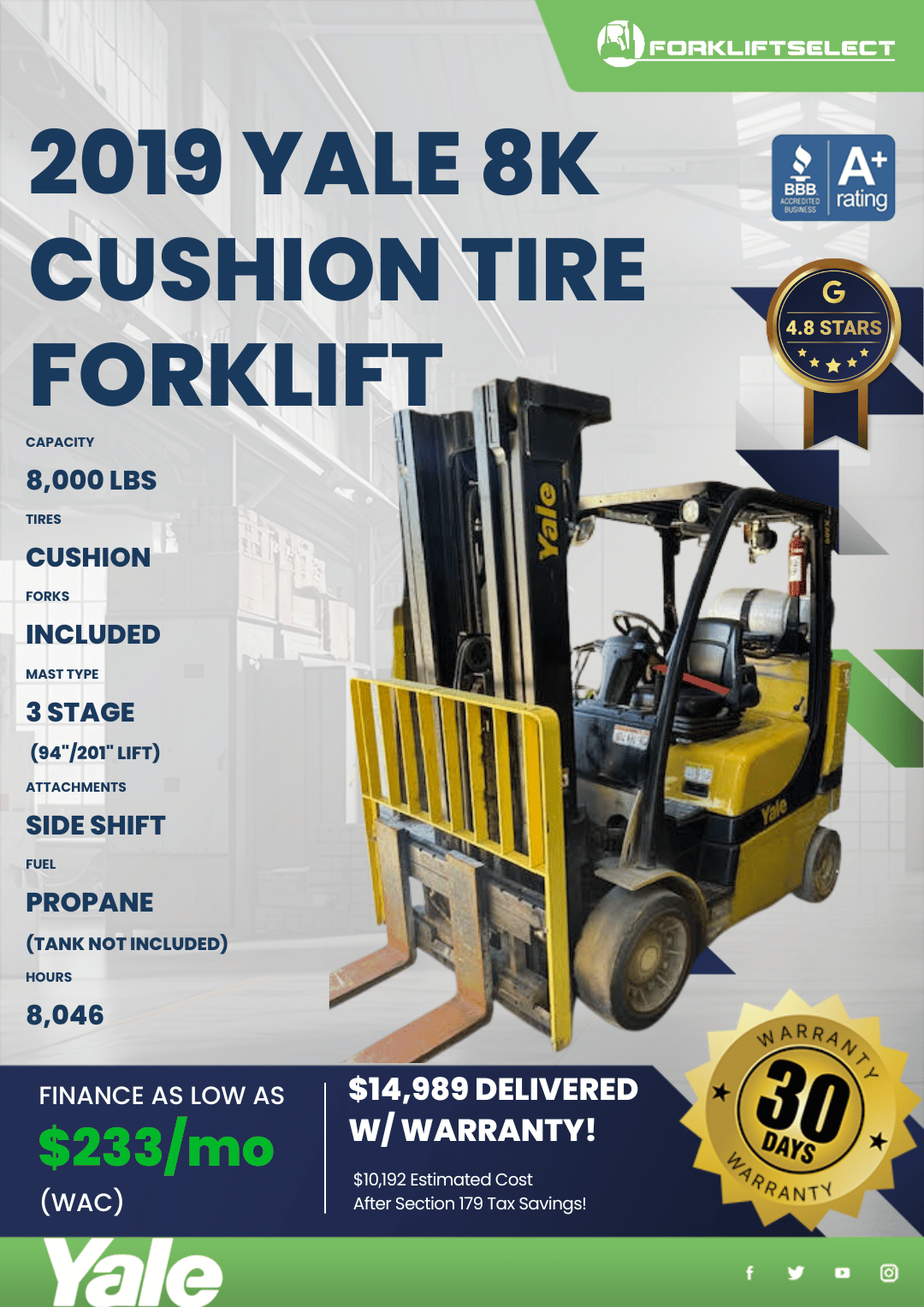 2019 YALE 8K CUSHION TIRE FORKLIFT