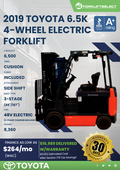 2019 TOYOTA 6.5K CUSHION TIRE FORKLIFT