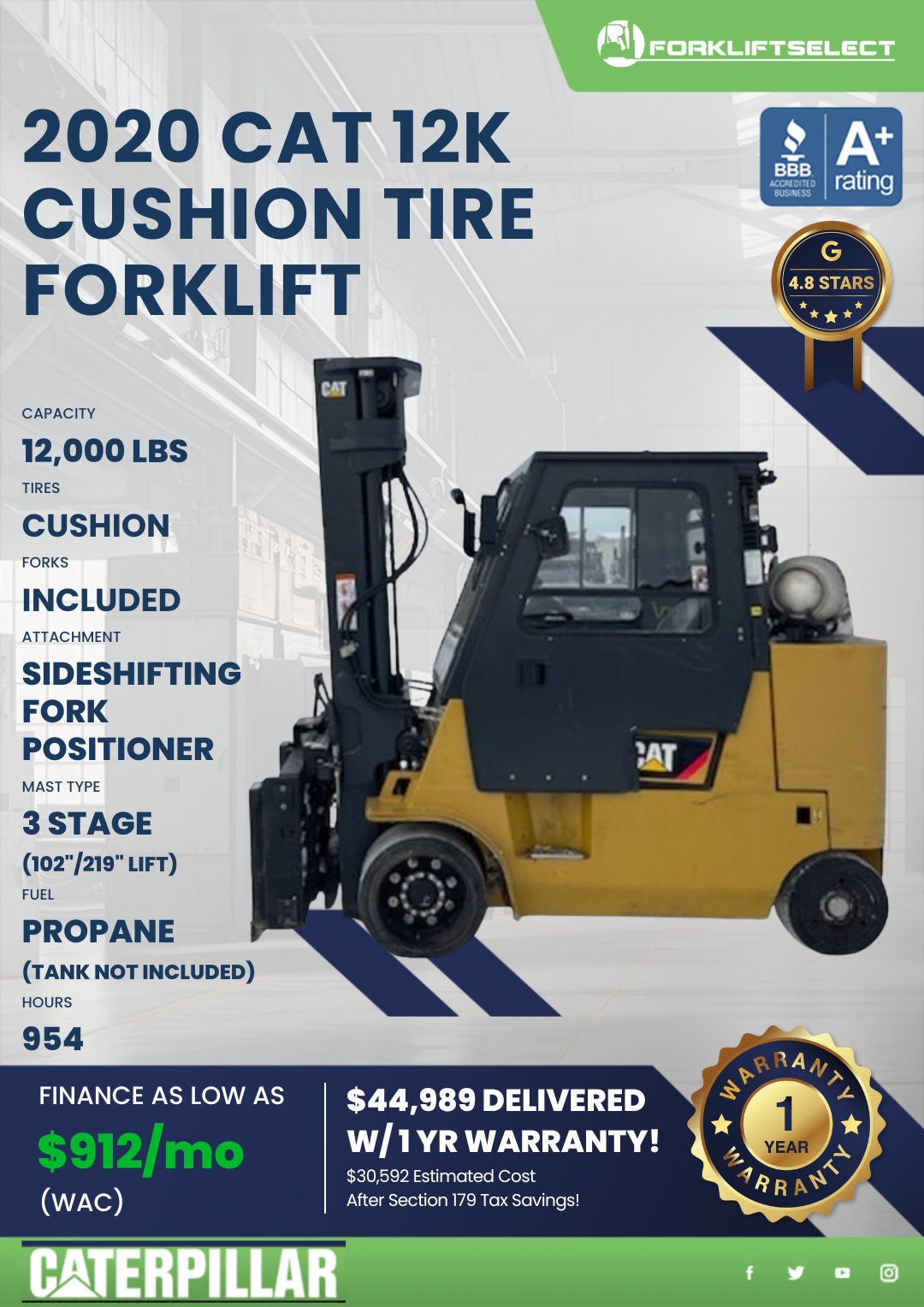 2020 CAT 12K CUSHION TIRE FORKLIFT
