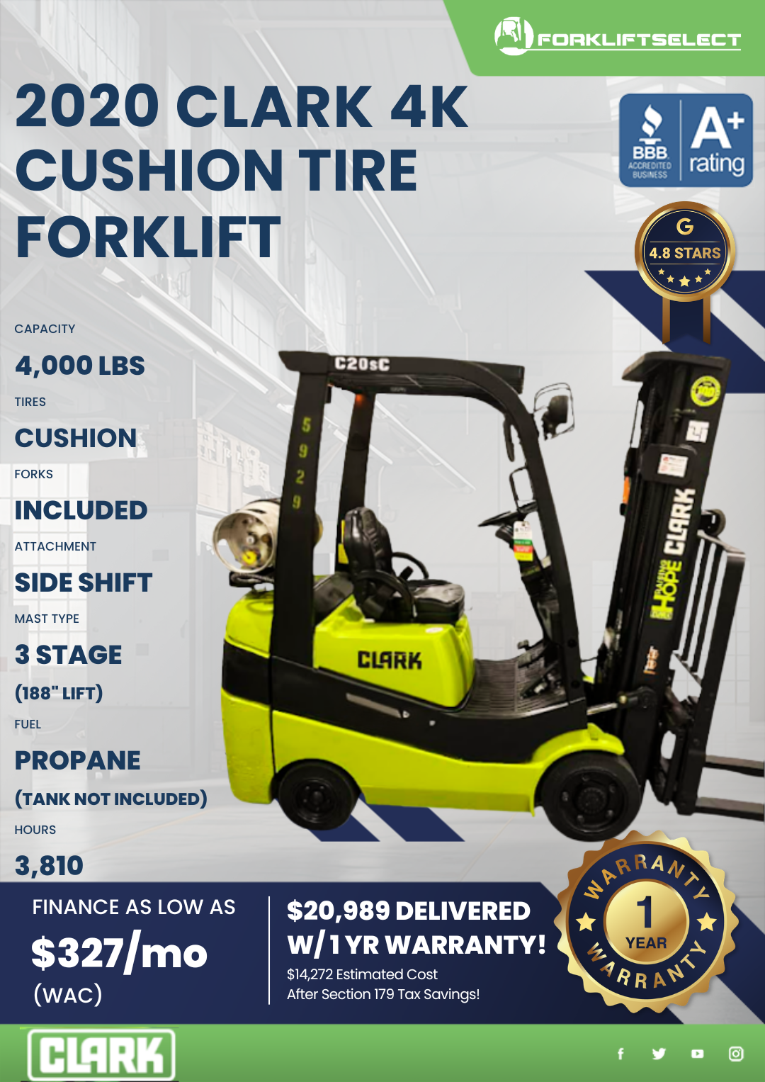 2020 CLARK 4K CUSHION TIRE FORKLIFT