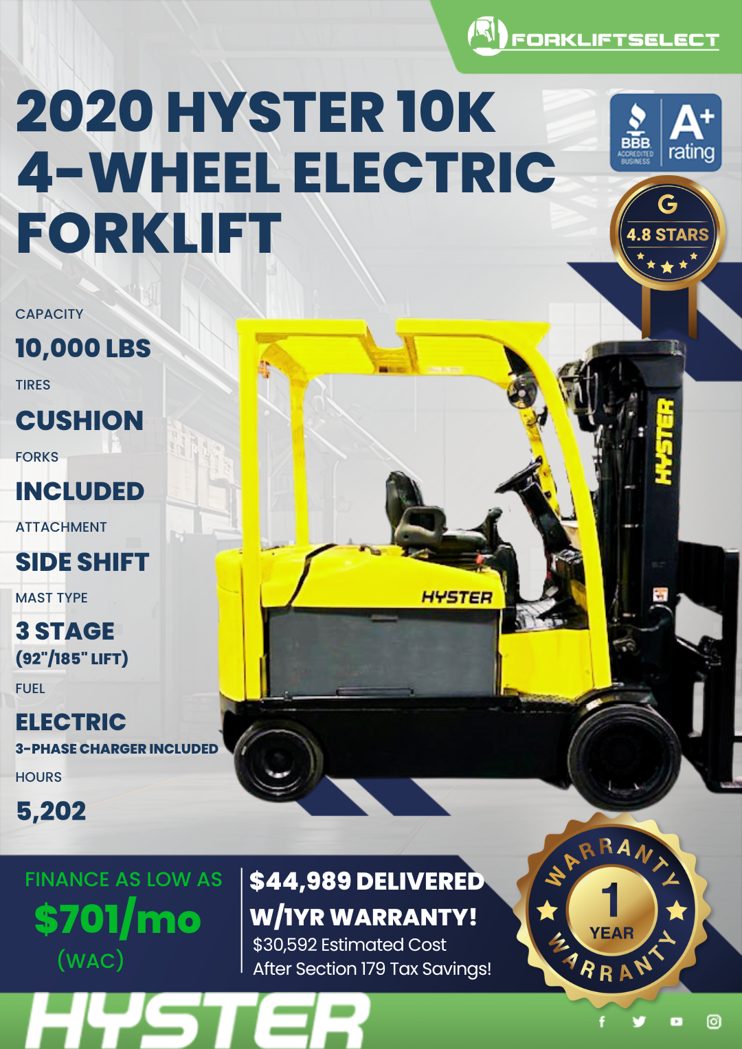 2020 HYSTER 10K 4- WHEEL ELECTRIC FORKLIFT