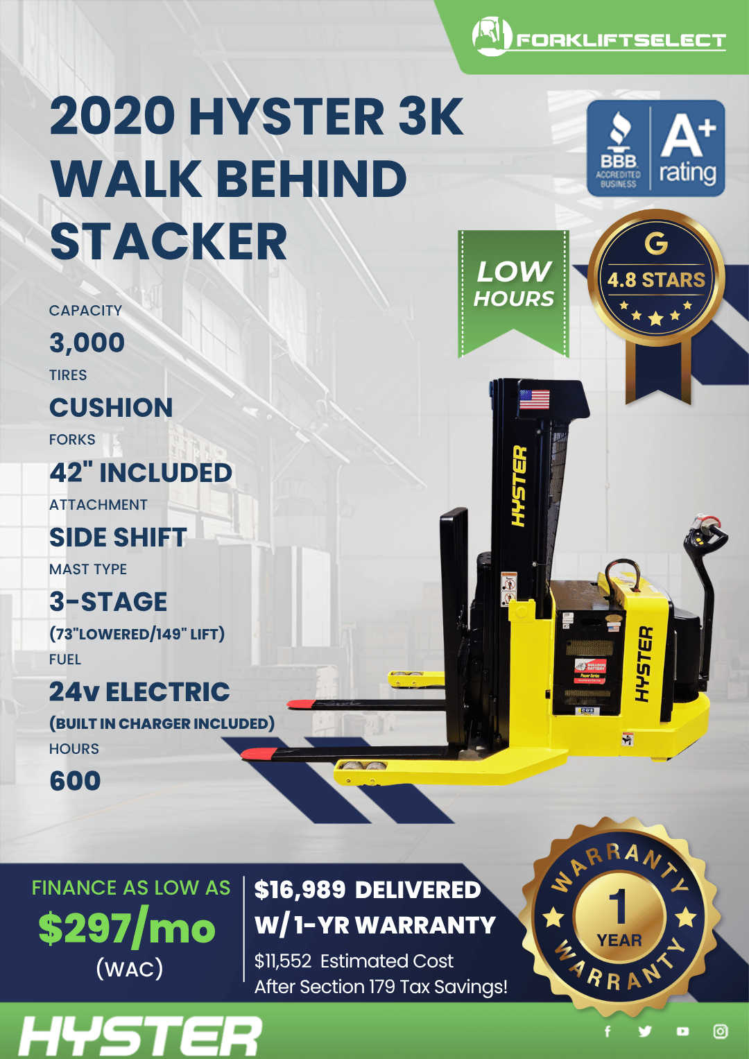 2020 HYSTER 3K WALK BEHIND STACKER