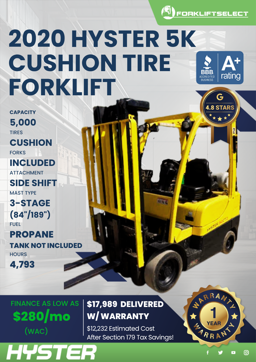 2020 HYSTER 5K CUSHION TIRE FORKLIFT