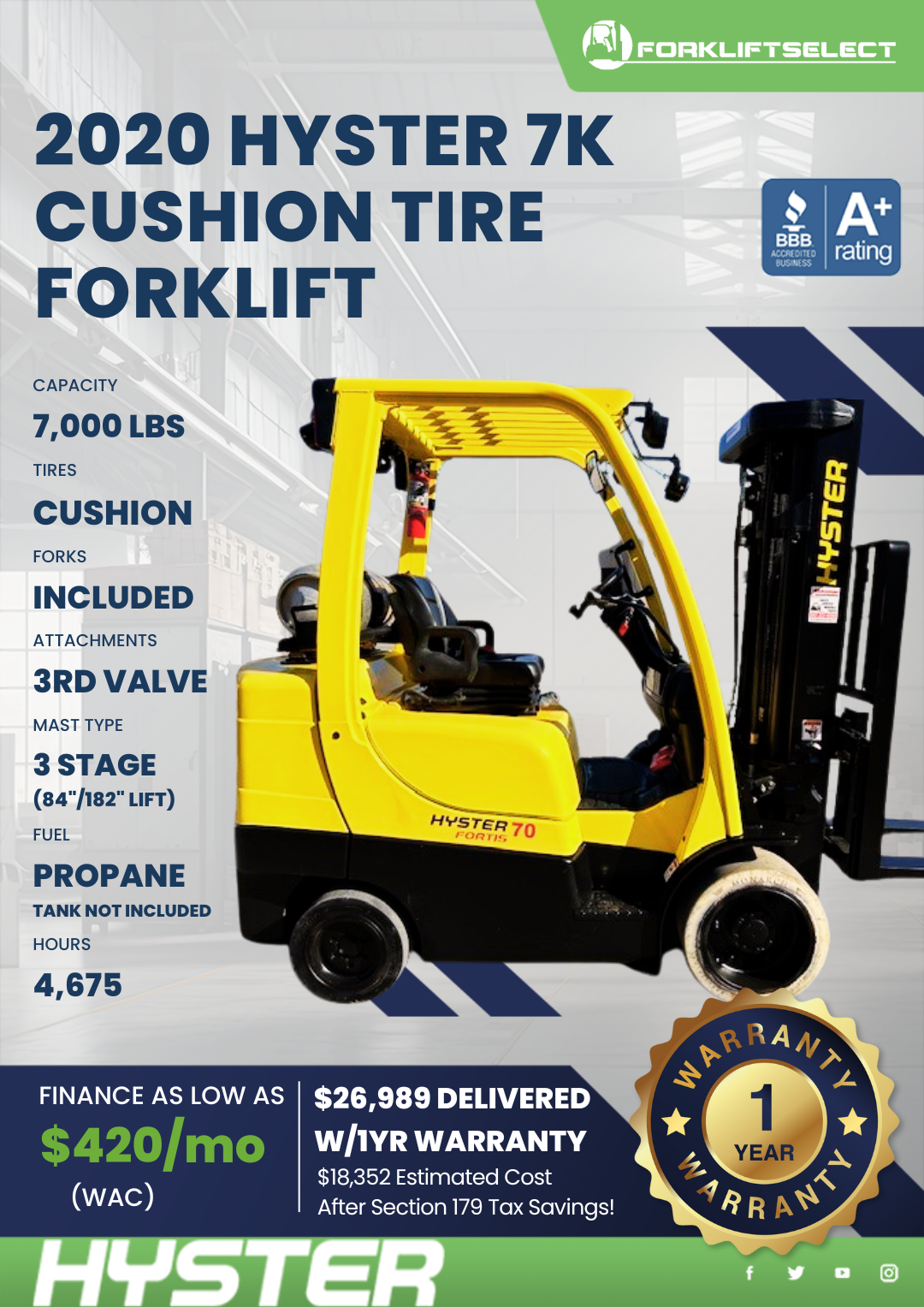 2020 HYSTER 7K CUSHION TIRE FORKLIFT