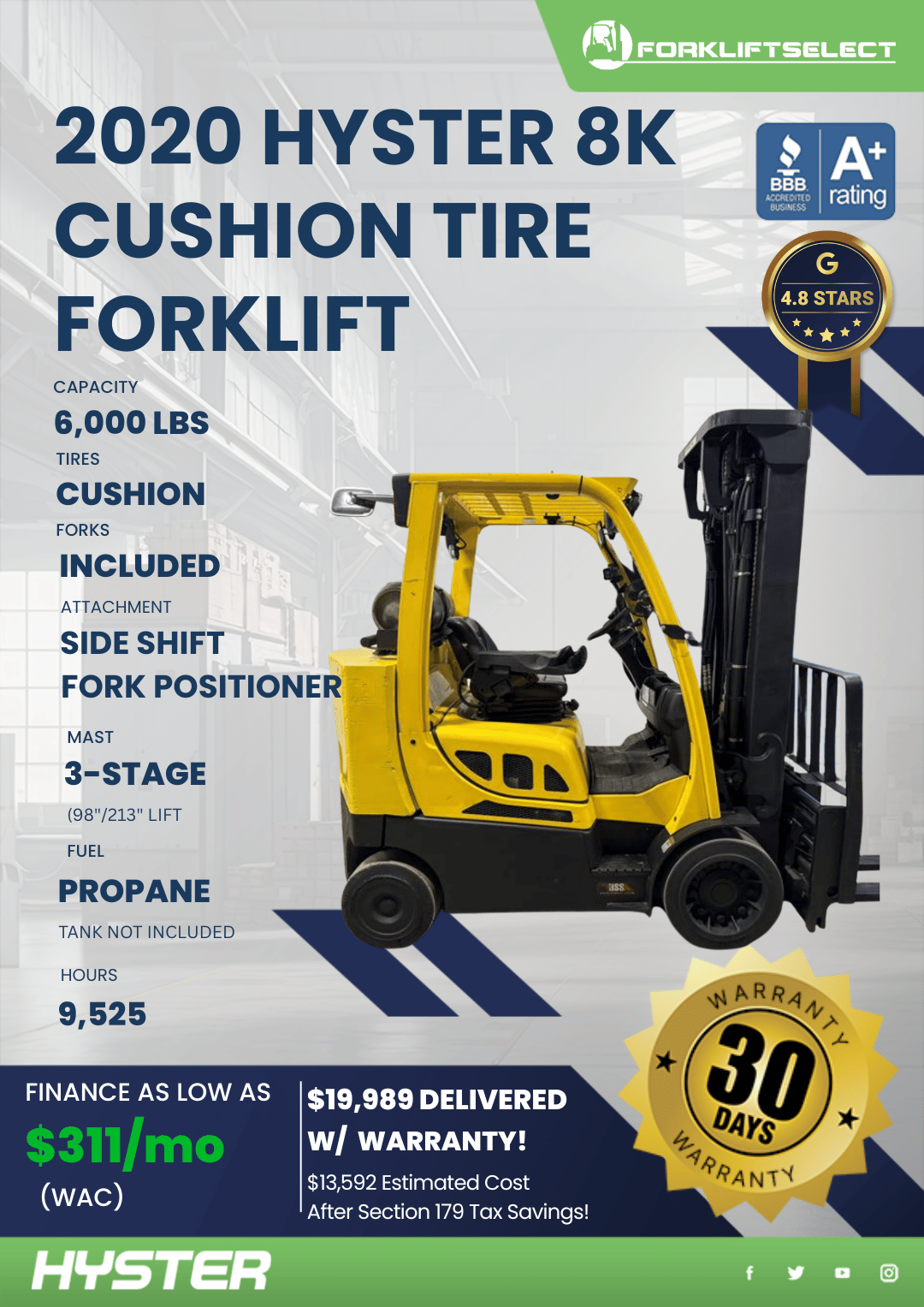 2020 HYSTER 8K CUSHION TIRE FORKLIFT