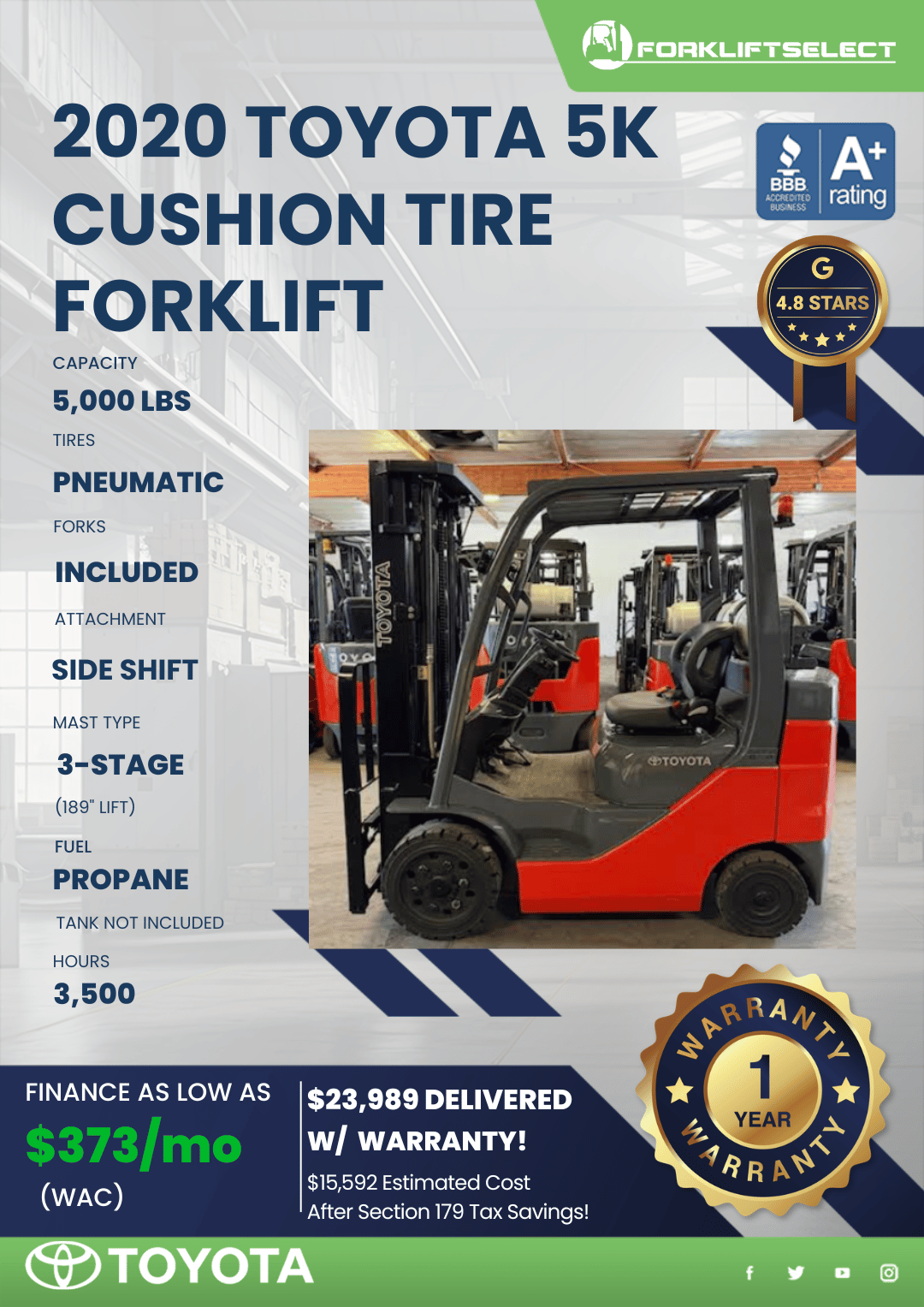 2020 TOYOTA 5K CUSHION TIRE FORKLIFT