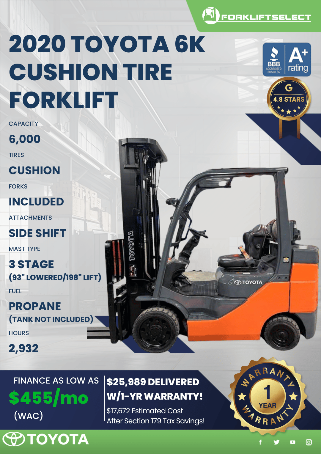 2020 TOYOTA 6K CUSHION TIRE FORKLIFT