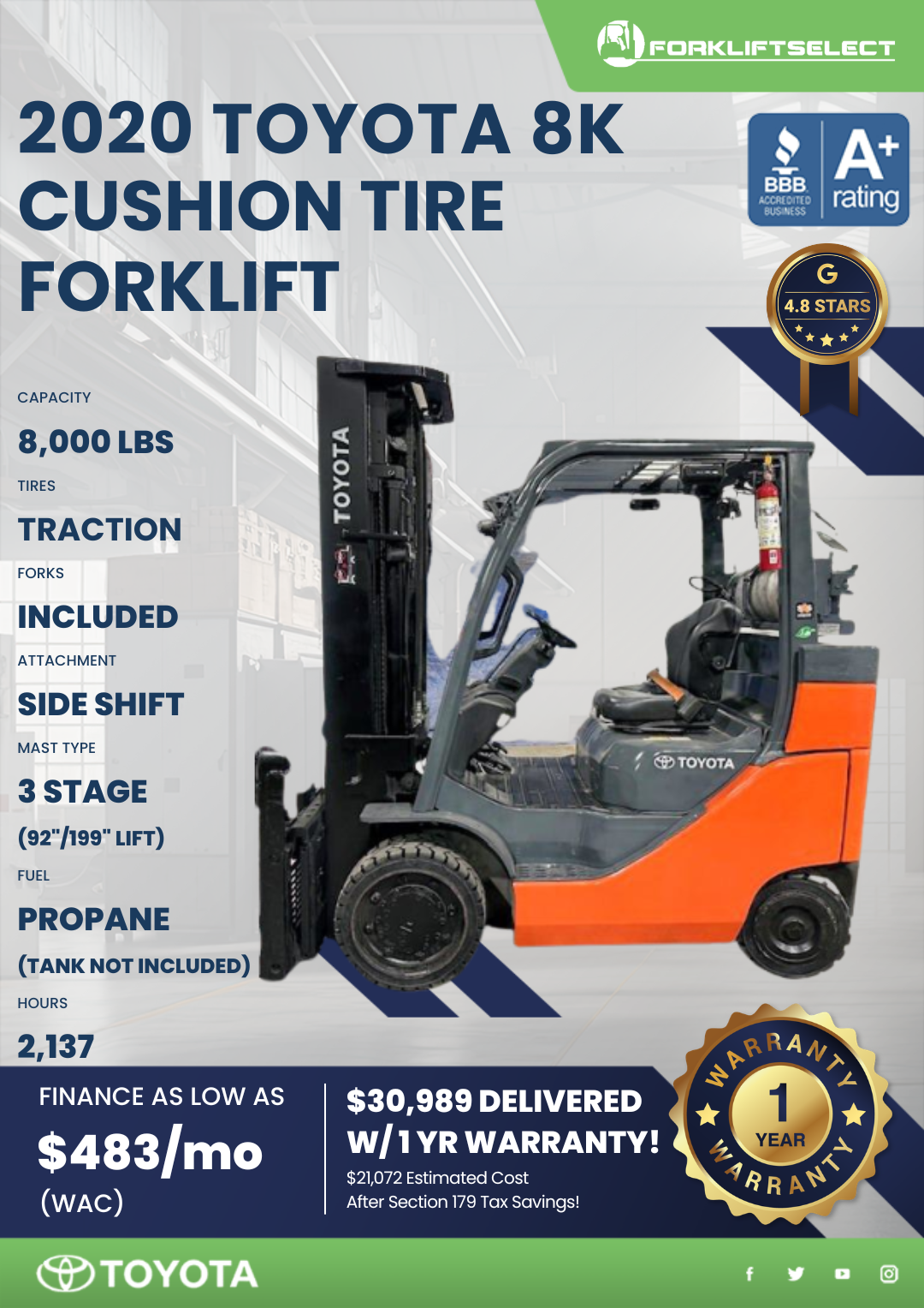 2020 TOYOTA 8K CUSHION TIRE FORKLIFT