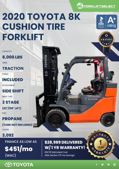 2020 TOYOTA 8K CUSHION TIRE FORKLIFT