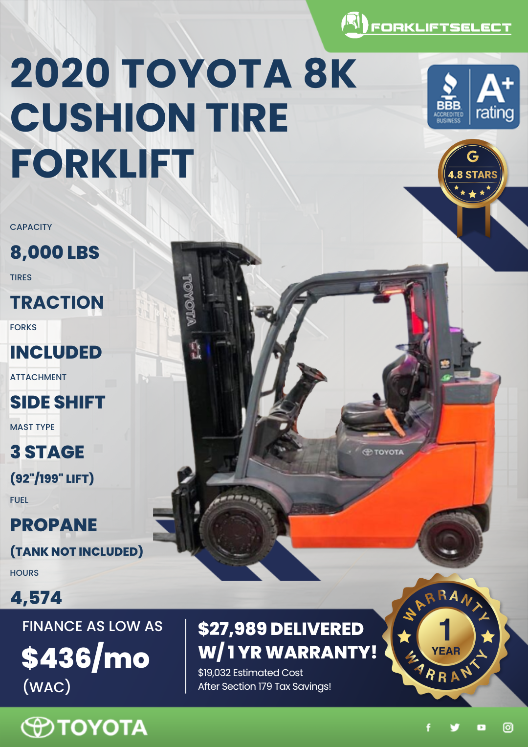 2020 TOYOTA 8K CUSHION TIRE FORKLIFT