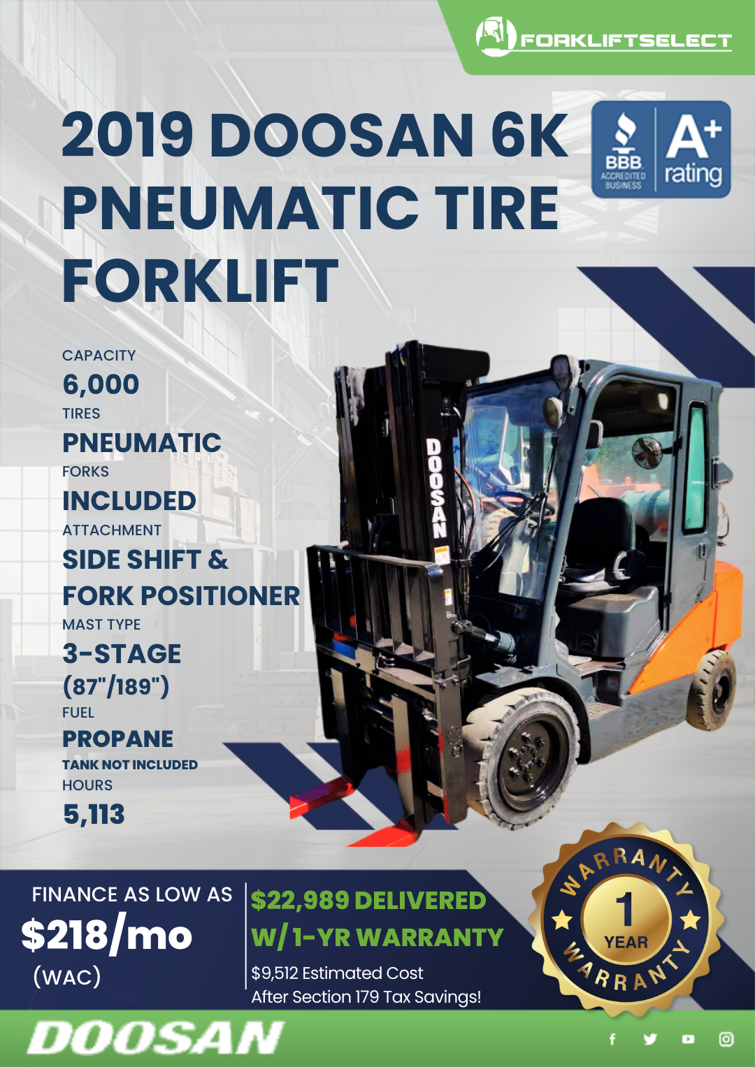 2019 DOOSAN 6K PNEUMATIC TIRE FORKLIFT