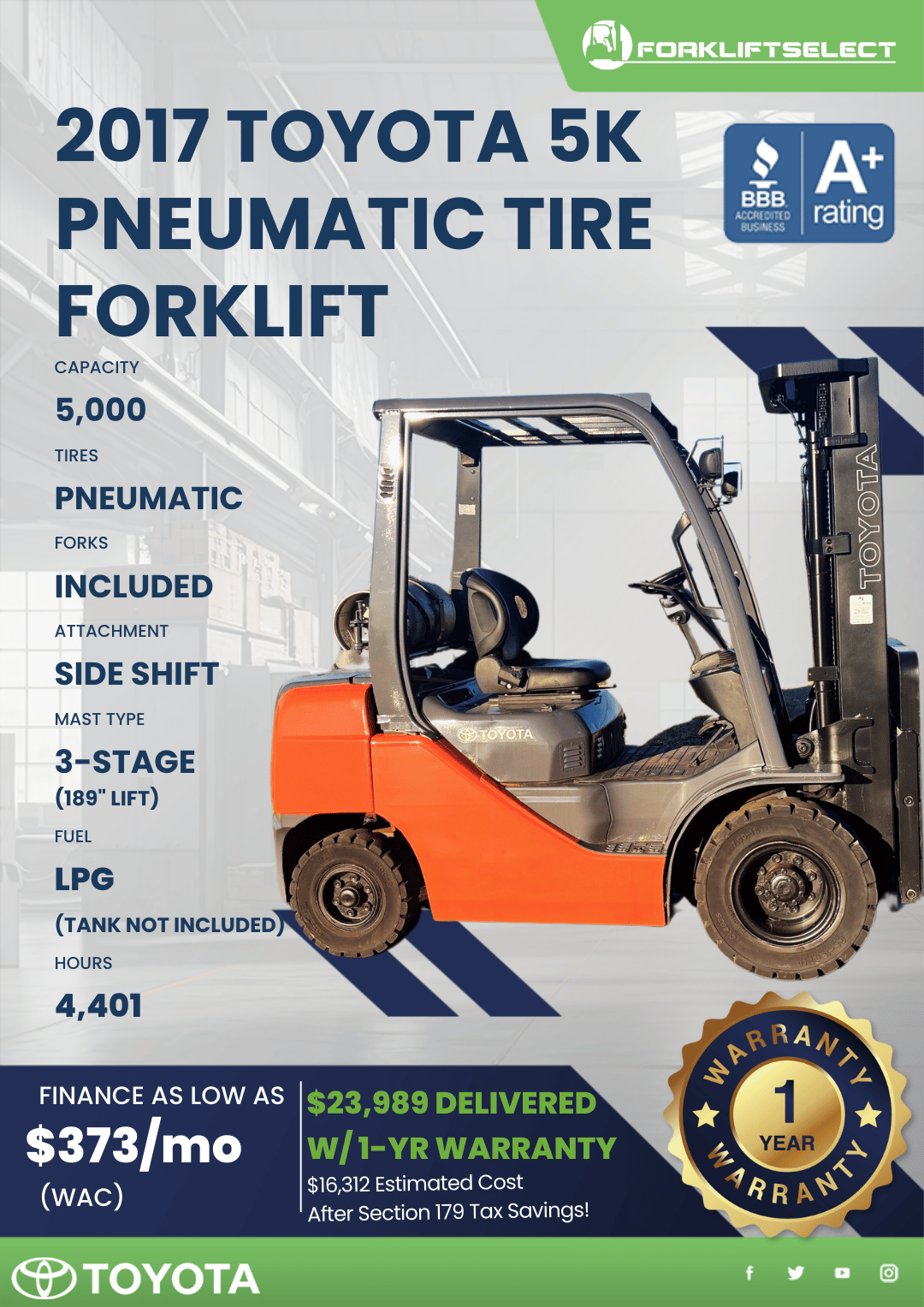 2017 TOYOTA 5K PNEUMATIC TIRE FORKLIFT