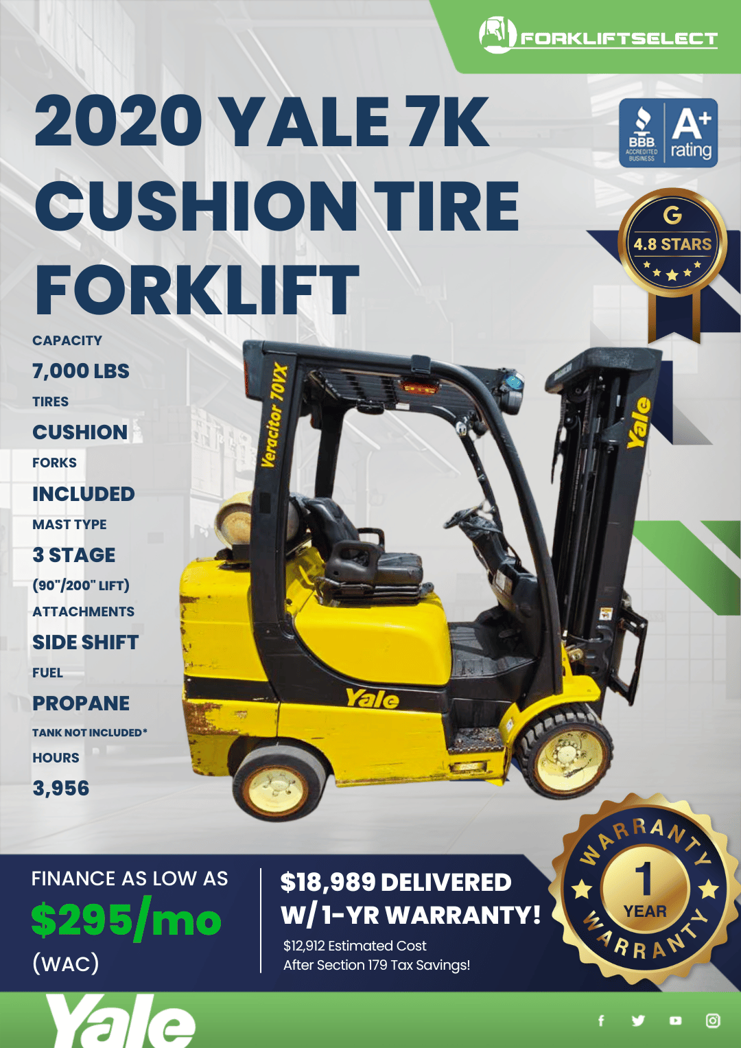 2020 YALE 7K CUSHION TIRE FORKLIFT