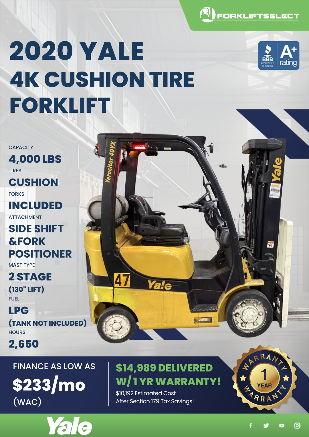 2020 YALE 4K CUSHION TIRE FORKLIFT