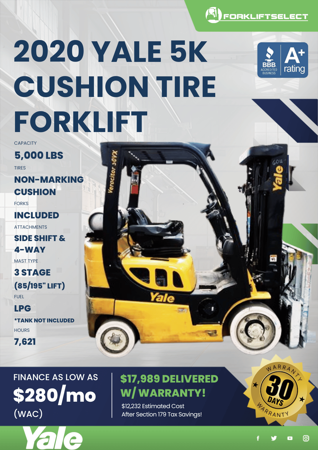 2020 YALE 5K CUSHION TIRE FORKLIFT